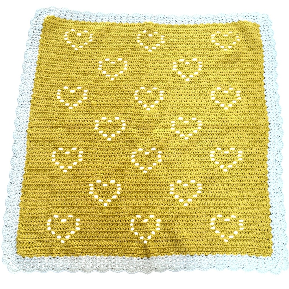 NEW‎ Handmade Crochet Baby Blanket Yellow Heart Throw 36x36 Nursery Gift Cottage